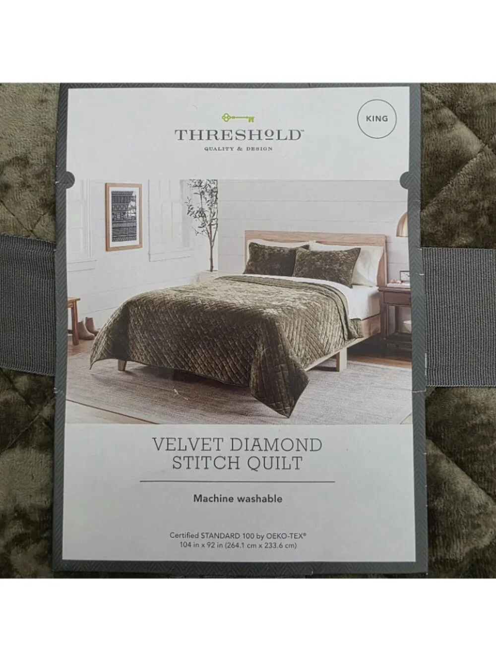 Threshold Olive Green Diamond Stitch Velvet King Quilt + 2 Standard Shams NWT